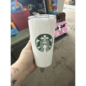 Starbucks Classic White and Green Travel Tumbler Black Lid Ceramic 12 oz